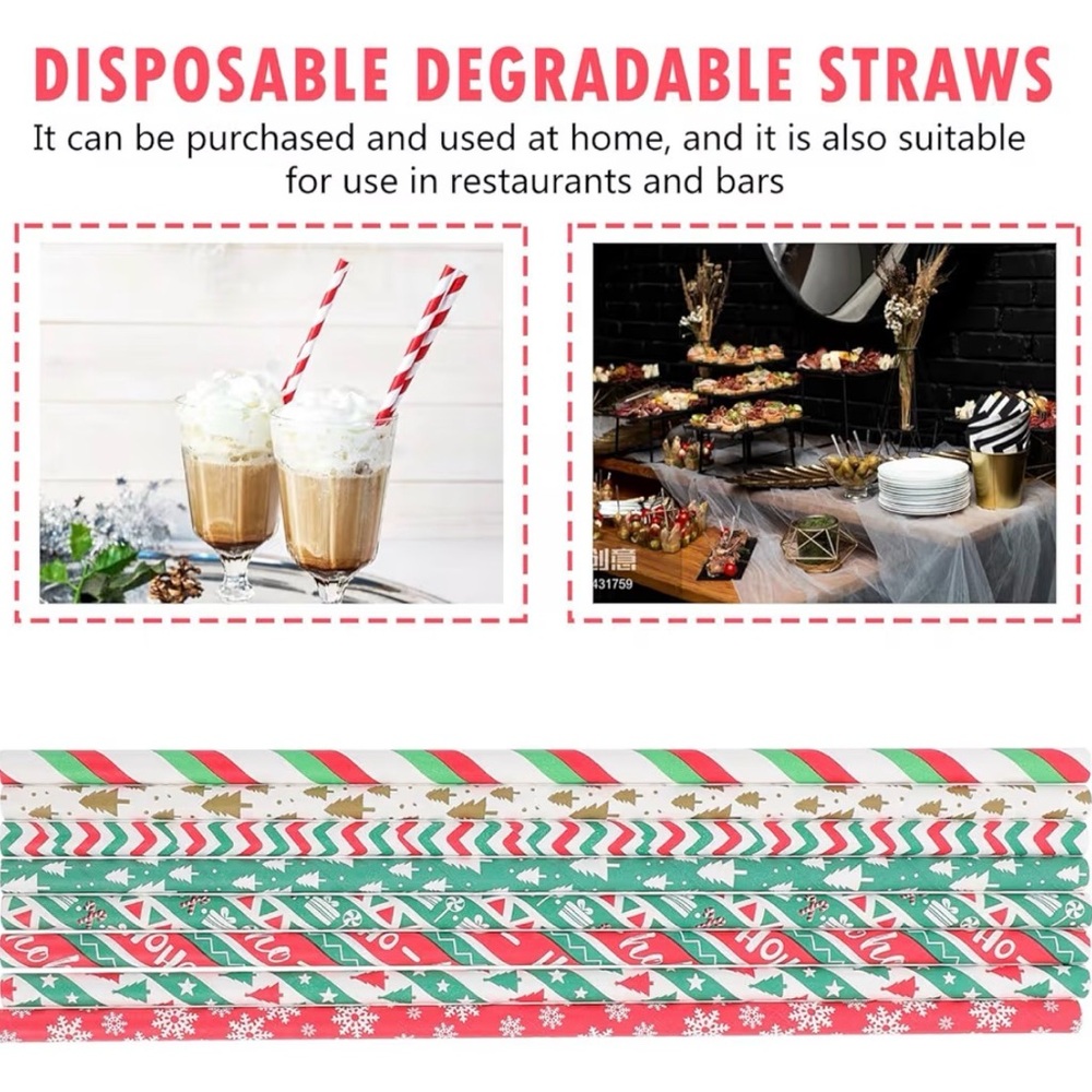 Festive Disposable Degradable Straws - Red, Green, White, Christmas